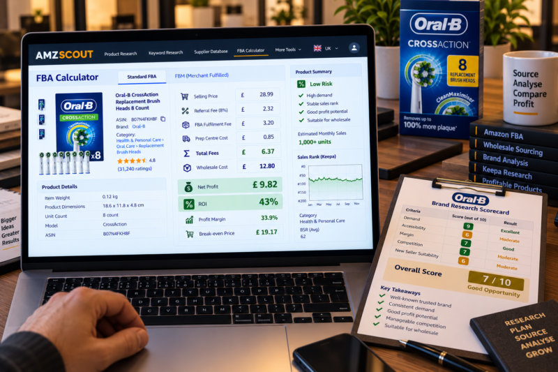 Amazon FBA Seller at Home Office Desk Reviewing Oral-B Replacement Brush Head 8-Pack ASIN on Laptop Showing AMZScout FBA Calculator Buy Box Price 28.99 ROI 32 Percent Green Keepa Chart Three Sellers Rotating Stable Price 12 Months