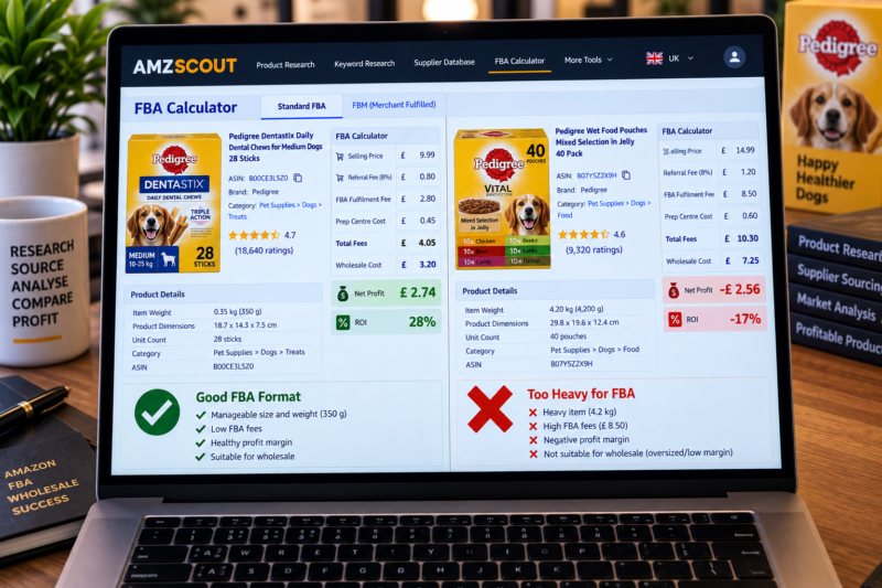 Amazon FBA Seller at Home Office Researching Pedigree Dental Chews ASIN on Keepa Chart Showing 12 Month Consistent Sales Rank Dog Treats Category Two Sellers Rotating Stable Buy Box Price No Amazon Badge