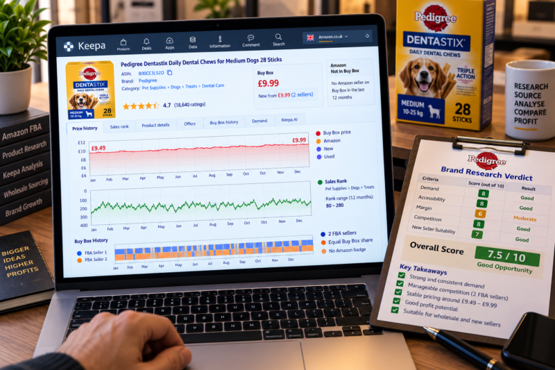 Amazon FBA Seller at Home Office Desk Reviewing Pedigree Dental Chews ASIN on Laptop Showing AMZScout FBA Calculator Buy Box Price 9.99 ROI 28 Percent Green Keepa Chart Two Sellers Rotating Stable Price Pet Supplies Category