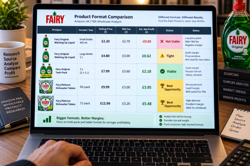 Amazon FBA Seller at Home Office Researching Fairy Platinum Dishwasher Tablets ASIN on Keepa Chart Showing 12 Month Consistent Sales Rank Dishwasher Tablets Category Two Sellers Rotating Stable Buy Box Price No Amazon Badge