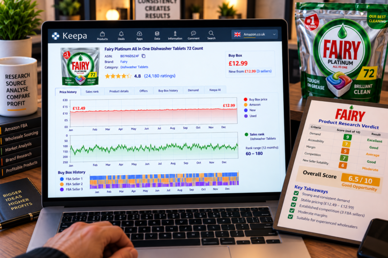 Amazon FBA Seller at Home Office Desk Reviewing Fairy Platinum Dishwasher Tablets 72-Pack ASIN on Laptop Showing AMZScout FBA Calculator Buy Box Price 12.99 ROI 26 Percent Green Keepa Chart Three Sellers Stable Price Dishwasher Tablets Category
