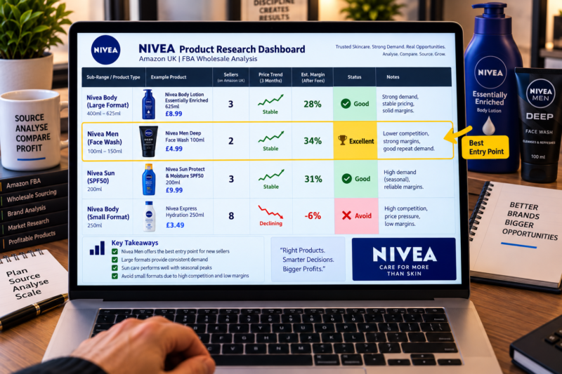 Amazon FBA Seller at Home Office Researching Nivea Body Lotion Large Format ASIN on Keepa Chart Showing 12 Month Consistent Sales Rank Body Skin Care Category Three Sellers Rotating Stable Buy Box Price No Amazon Badge