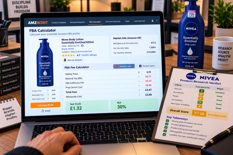 Amazon FBA Seller at Home Office Desk Reviewing Nivea Body Lotion Large Format ASIN on Laptop Showing AMZScout FBA Calculator Buy Box Price 8.99 ROI 28 Percent Green Keepa Chart Three Sellers Stable Price Body Skin Care Category