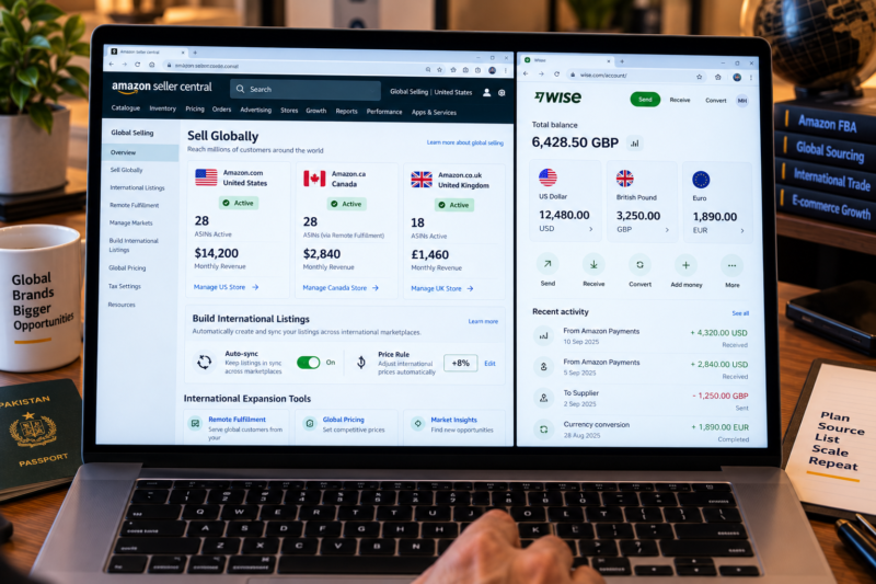 International Amazon FBA Seller at Home Office Desk Laptop Showing Amazon Seller Central Sell Globally Dashboard Multiple Marketplace Active Listings USA Canada UK Monthly Revenue Growing Across Three Marketplaces