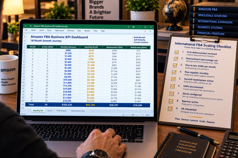 International Amazon FBA Seller at Professional Home Office Desk Laptop Showing Amazon Seller Central Business Report Dashboard Monthly Revenue Growth Chart Trending Upward Across 12 Months Multiple Marketplaces Active Beside Printed Scaling Checklist All Stages Complete