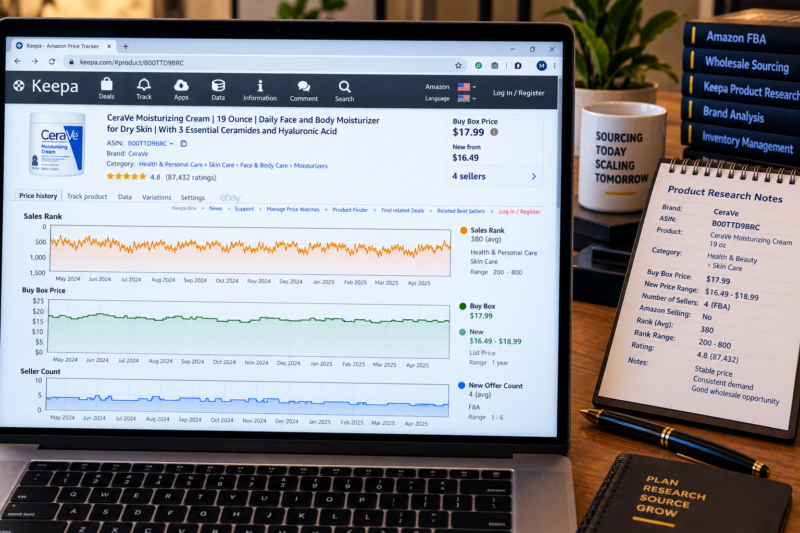 Amazon FBA Seller Researching CeraVe ASIN on Keepa Chart Showing 12 Month Consistent Sales Rank Health and Beauty Category Buy Box Three Sellers Rotating Stable Price History