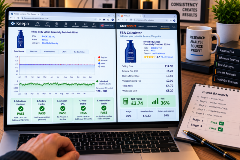 Amazon FBA Seller at Home Office Running Brand Evaluation Framework on Laptop Showing Keepa ASIN Research Tab and AMZScout FBA Calculator Tab Side by Side with Research Spreadsheet Tracking Five Keepa Checks and Margin Results for Six ASINs