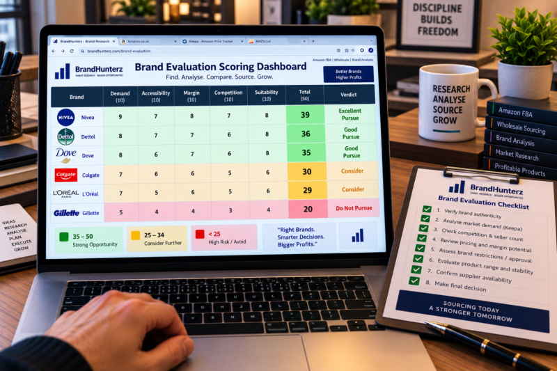 Amazon FBA Seller at Home Office Desk with Laptop Showing Complete Brand Evaluation Spreadsheet with Five Stage Framework Applied to Six Wholesale Brands Colour Coded Green Amber Red by Score and a Printed Brand Evaluation Checklist All Steps Complete